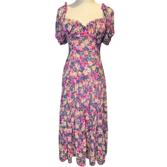 ASTR The Label Soho Floral Midi Dress Pink Yellow Sz Large Romantic Cottagecore - Picture 1 of 10